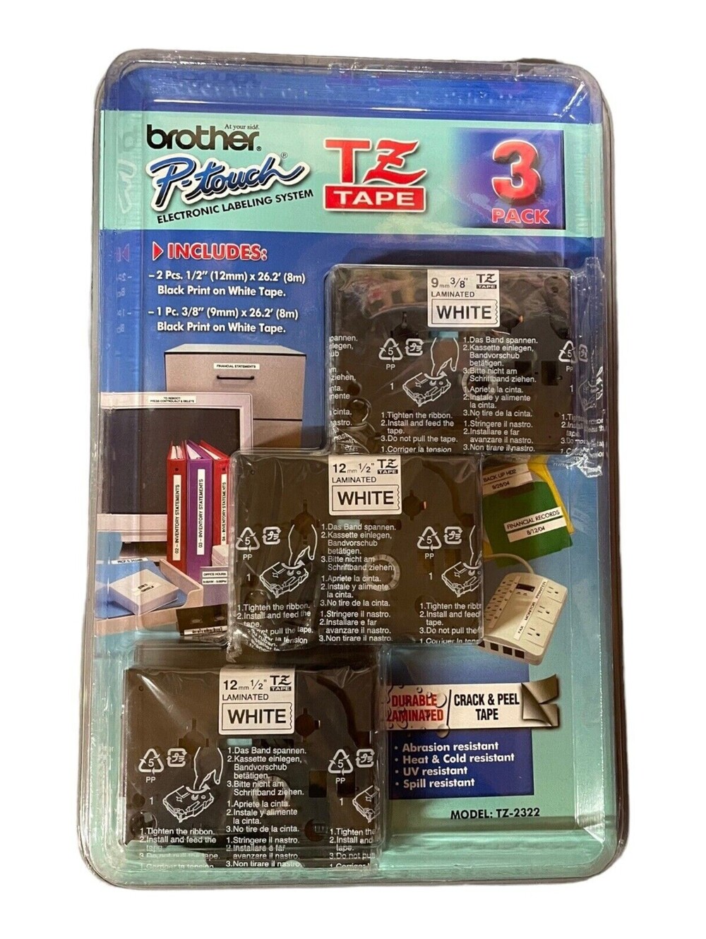 Brother P-touch TZ-2322 Labeling 3 Pack 9mm 12mm 1/2 3/8 Tape Replacement